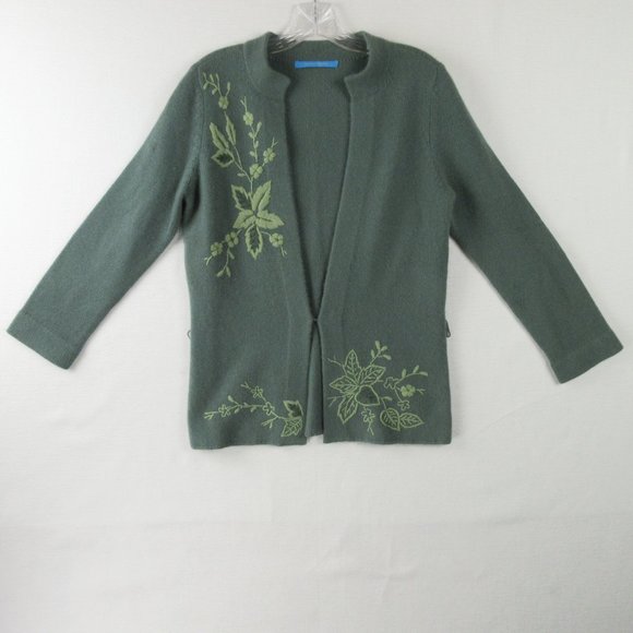 White + Warren Sweaters - White + Warren Cashmere Embroidered Cardigan Size L Sage Green Botanical Flowers